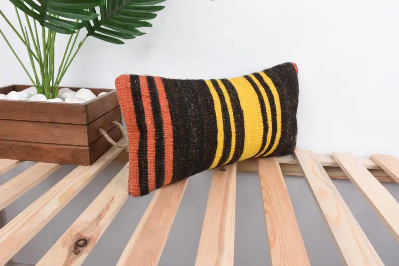 Vintage Kilim Throw Pillow, Indoor Pillow Cover, Kilim Pillow, 8x16 Yellow Pillow, Pillow Cover, Authentic Pillow Case, Vintage Pillow - 4