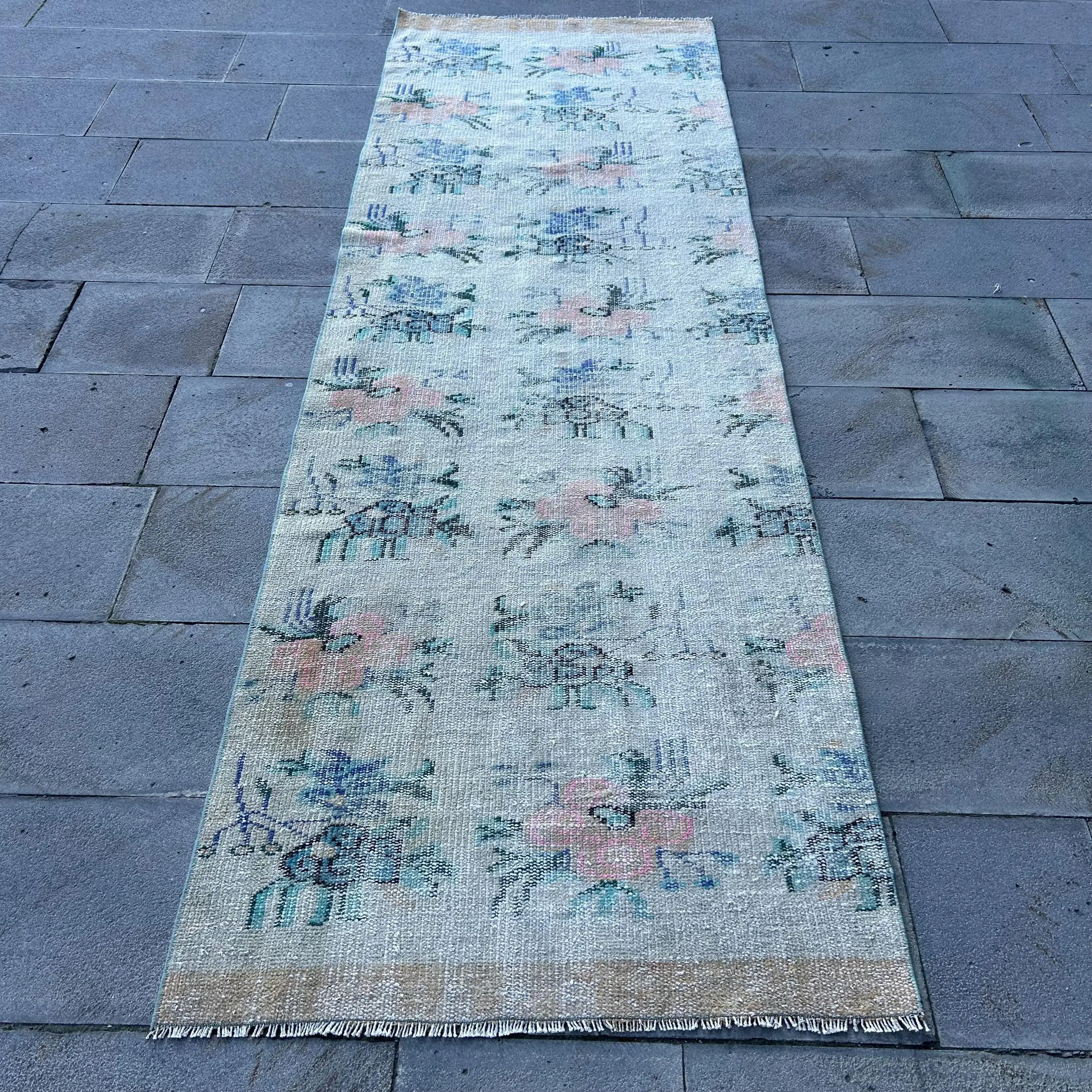 Turkish Vintage Rug, 1.7x9.3 ft Rug, Blue Pink Floral Wool Rug - 1