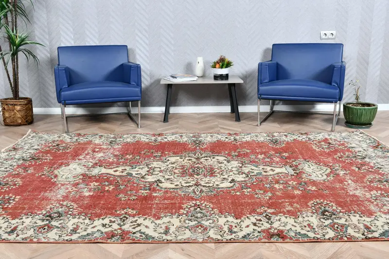 6.2x9.6 ft Halı, Türk Vintage Halısı, Kırmızı Oryantal Yün Halı - 1