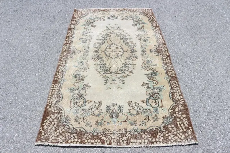 3.9x6.8 ft Türk Halısı, Vintage Alan Halısı, Kahverengi Çizgili Halı - 1