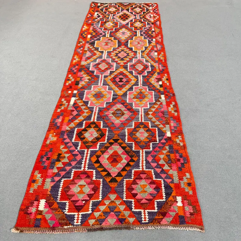 Red & Purple Rug, 3,3x11,2 ft Striped Geometric Design