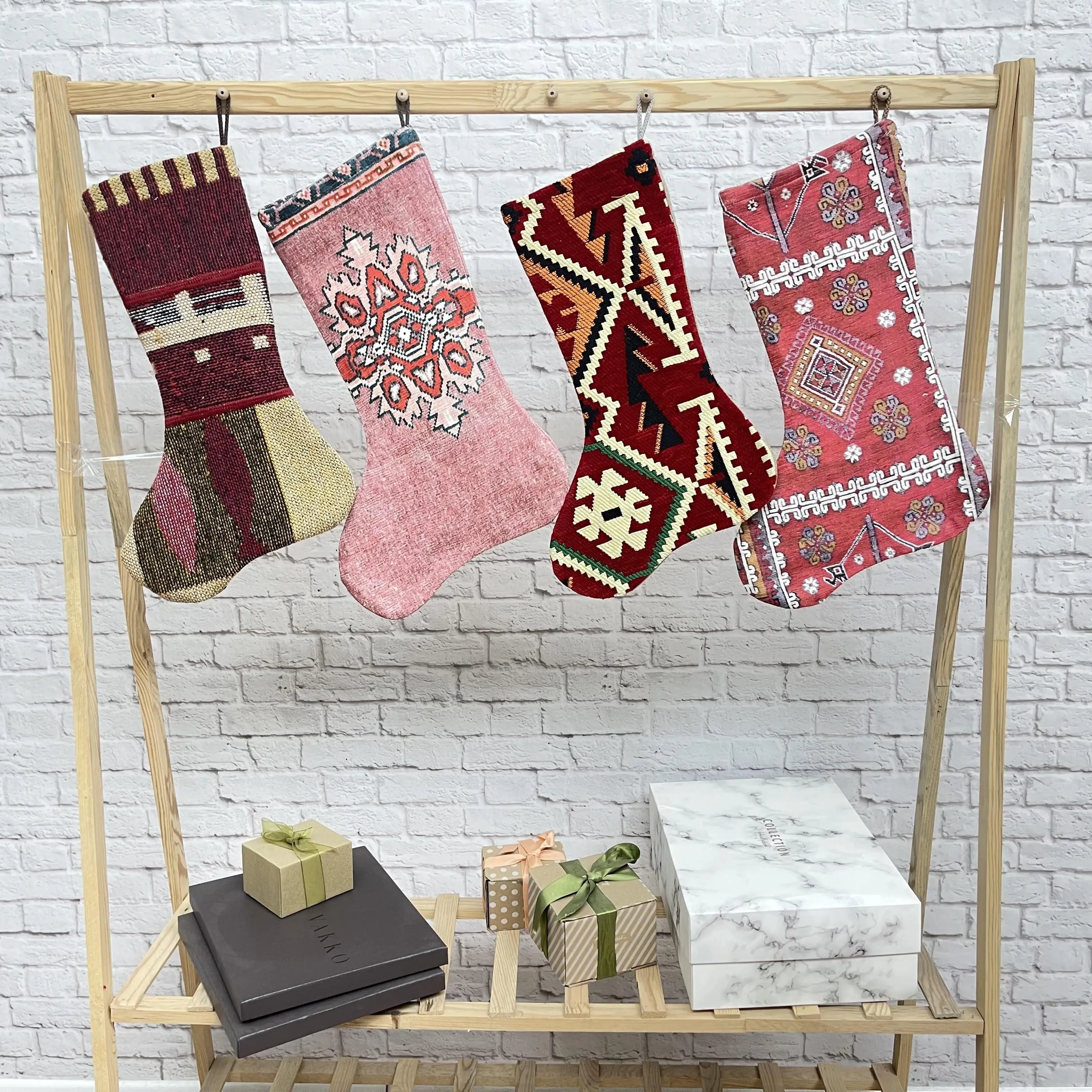 Festive Ornament Pattern, 7-inch Wide Pink & Red Cotton Christmas Stocking - 1