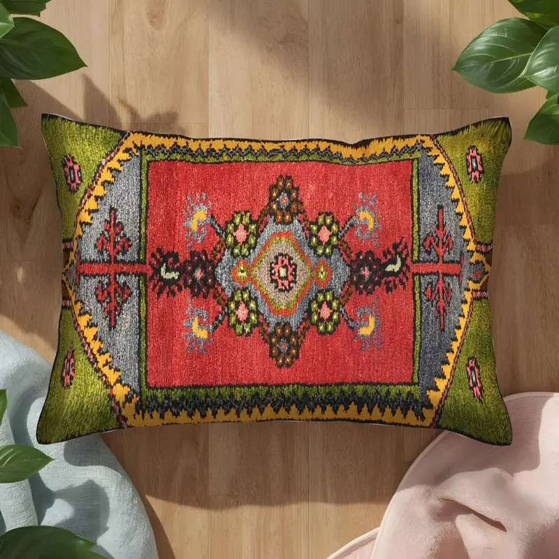 Besticktes Chenille-Wurfkissen, Vintage-Rot-Grün-Kissen