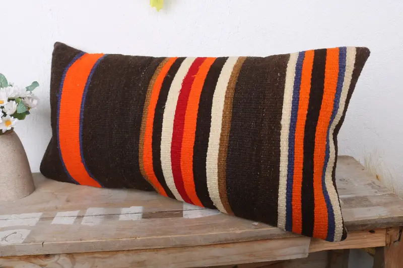 Boho Pillow, Toss Pillow Cover, 12x24 Orange Cushion Cover, Turkish Pillow, Cushion Case, Handmade Rug Seat Pillow Sham, Handmade Kilim Cushion - 4