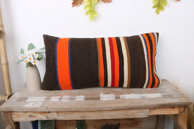 Boho Pillow, Toss Pillow Cover, 12x24 Orange Cushion Cover, Turkish Pillow, Cushion Case, Handmade Rug Seat Pillow Sham, Handmade Kilim Cushion - 1