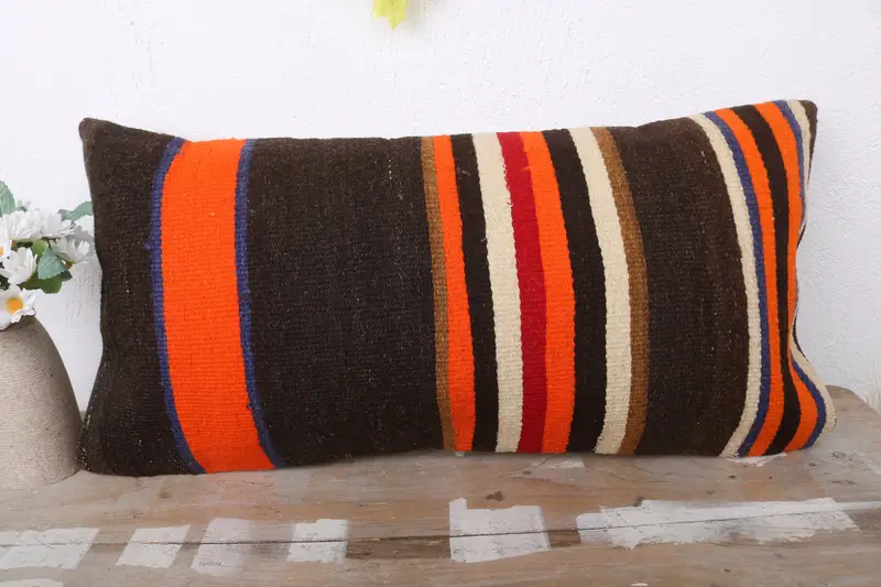 Boho Pillow, Toss Pillow Cover, 12x24 Orange Cushion Cover, Turkish Pillow, Cushion Case, Handmade Rug Seat Pillow Sham, Handmade Kilim Cushion - 2