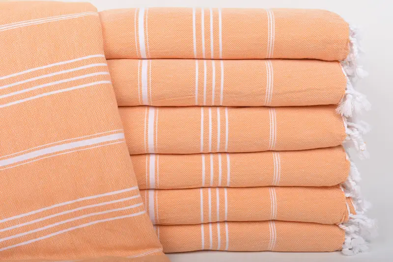 Beach Blanket Turkish Woven Throw, 87x87 Inches Light Orange Stripes
