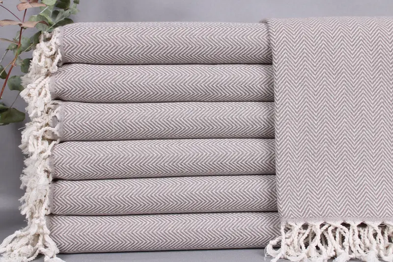 Organic Beach Towel Beige Herringbone, 40x71 Inches Monogrammed