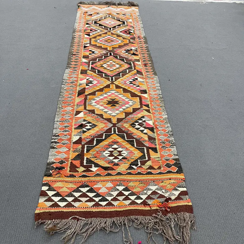 Turkish Rug, 2.9x10.7 ft Vintage Rug, Orange Brown Moroccan Wool Rug - 1