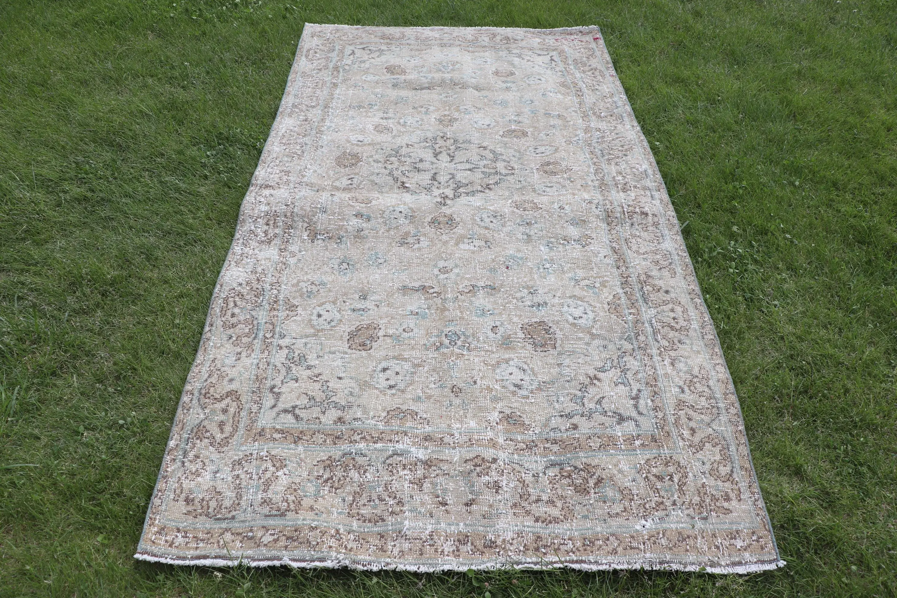 Turkish Vintage Area Rug 3.9x7.5 ft (120x229 cm), Brown Oriental Rug - 1