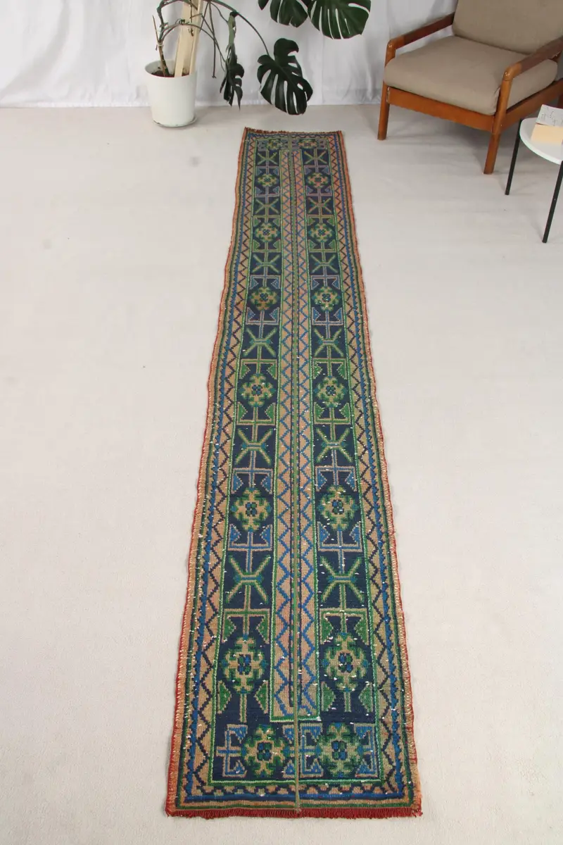 Türk Vintage Halı 1.8x11.5 ft (54x350 cm), Oushak Mavi Yeşil Paisley Halı - 1