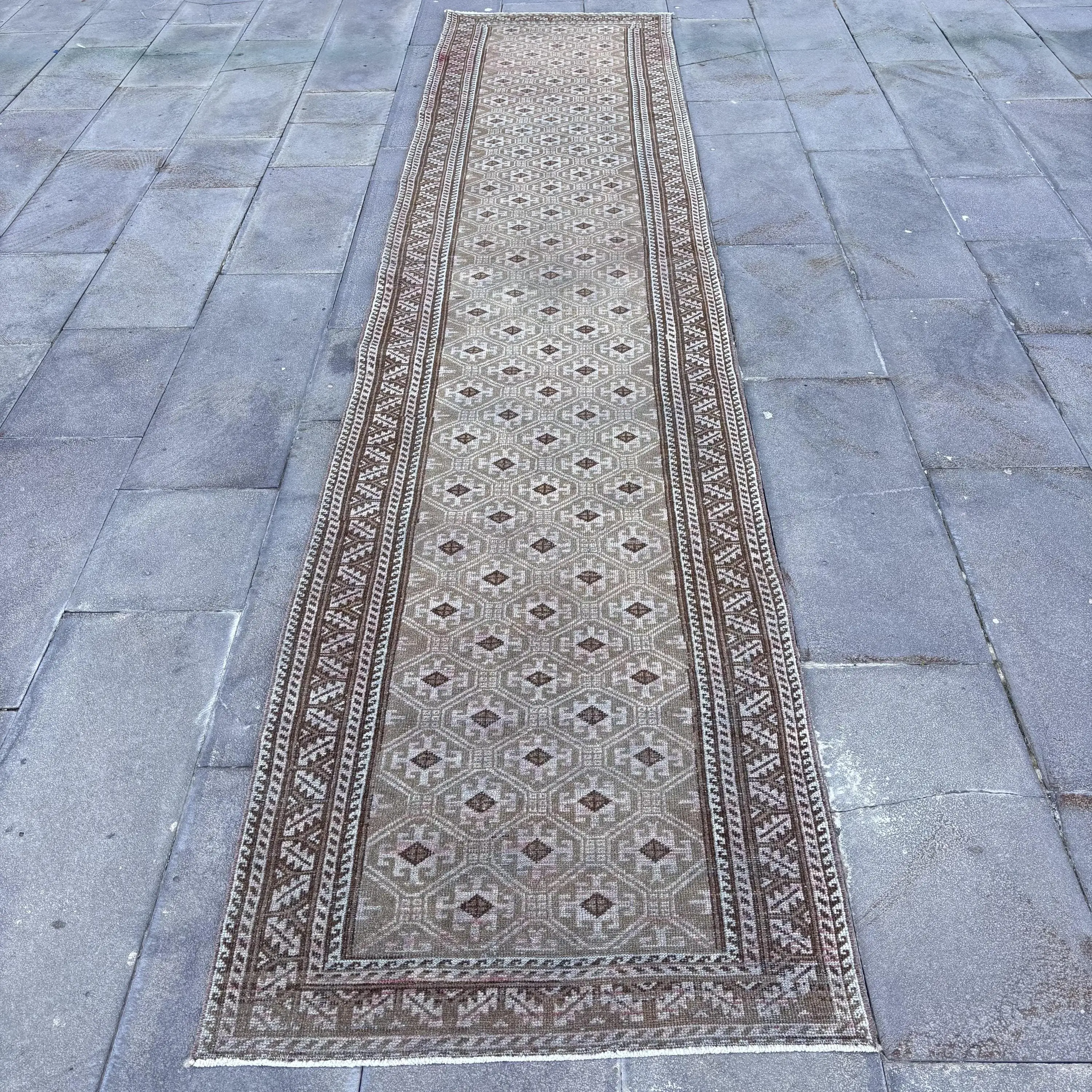 2.6x12 ft Vintage Turkish Rug, Runner Rug, Brown Patchwork Rug - 1