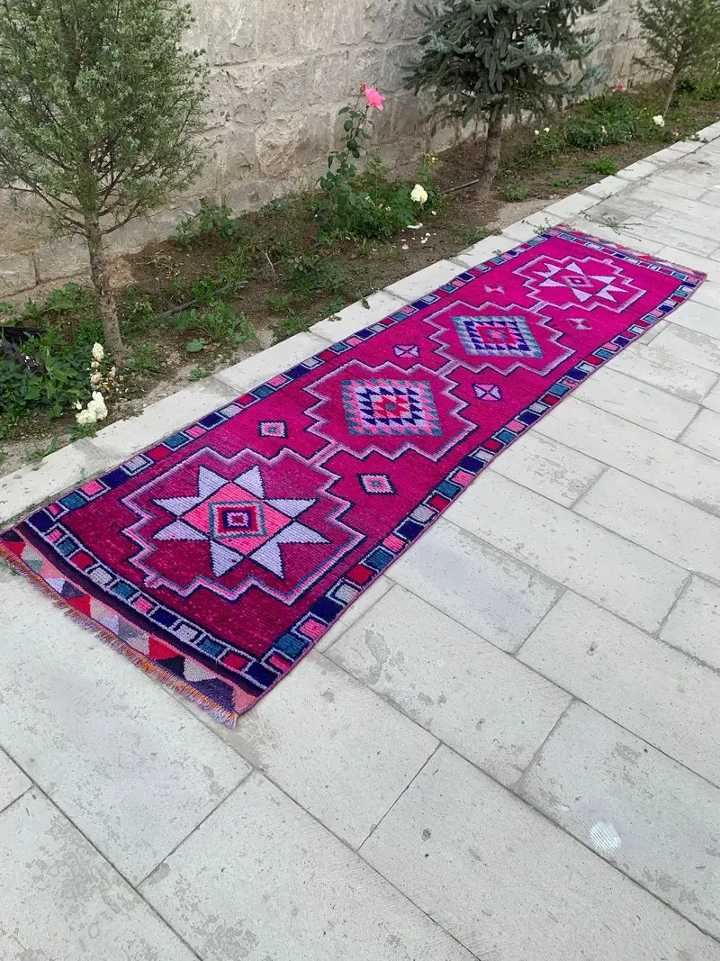 Vintage Rug, Runner 2.8x11.2 ft Turkish Rug, Red Blue Bordered Wool Rug - 1