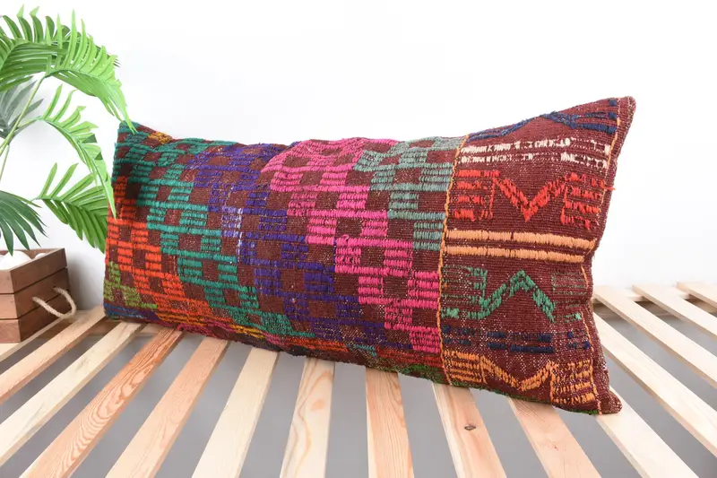 Morroccon Kilim Cushion Pillow Cover, Pillow Cover, Pillow for Couch, 16x36 Green Cushion Cover, Ethnical Kilim Rug Pillow, Handmade Kilim Cushion - 1