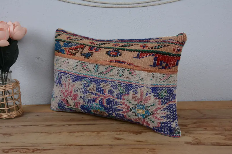 Interior Designer Pillow, Custom Cushion Case, Turkish Pillow, Anatolian Pillow Sham, Vintage Kilim Pillow, 12x20 Blue Cushion, Cushion - 4