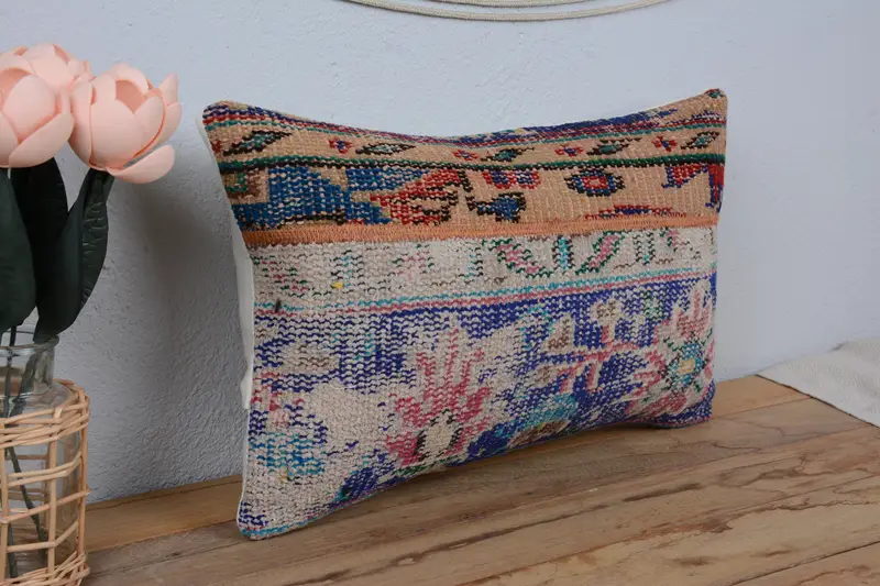 Interior Designer Pillow, Custom Cushion Case, Turkish Pillow, Anatolian Pillow Sham, Vintage Kilim Pillow, 12x20 Blue Cushion, Cushion - 1