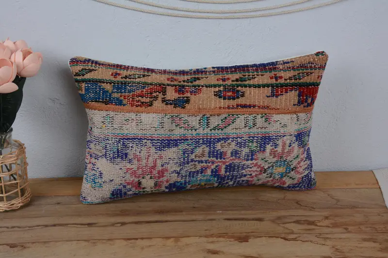 Interior Designer Pillow, Custom Cushion Case, Turkish Pillow, Anatolian Pillow Sham, Vintage Kilim Pillow, 12x20 Blue Cushion, Cushion - 2