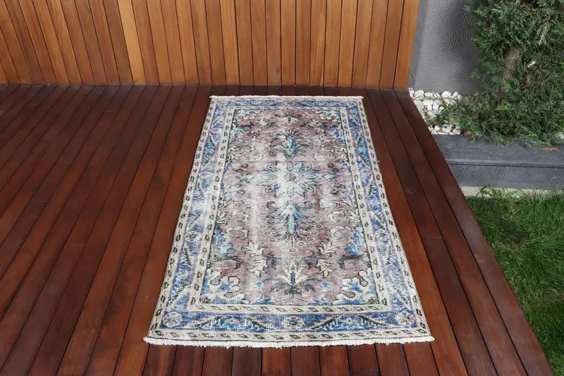 Türk Vintage Halısı 3,1x5,9 ft (94x180 cm), Oushak Mavi Yün Halı - 1