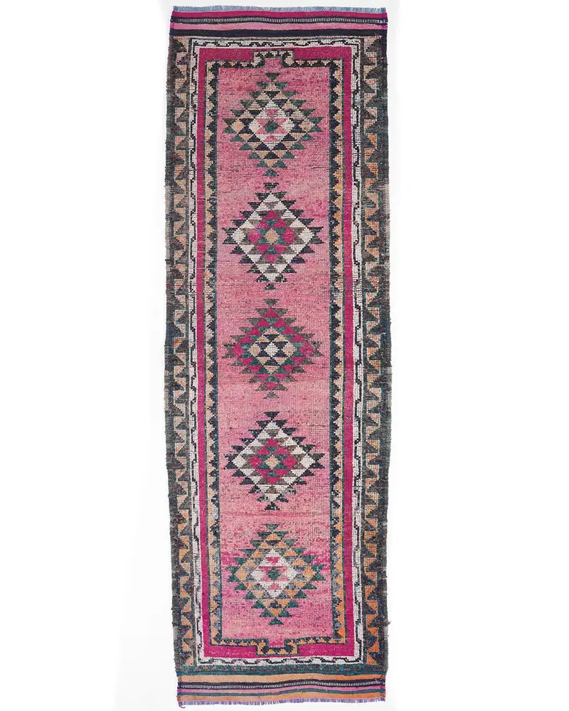 ピンクのイカットラグ、3.3x10.1フィート、グリーンアクセント付き