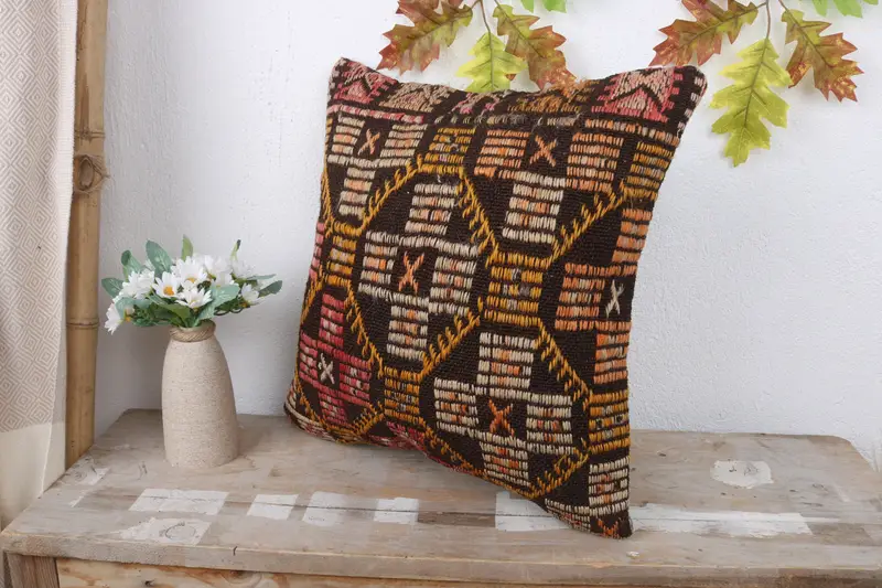 Boho Chic Cushion Case, Pillow Sham, Pet Cushion, Vintage Kilim Throw Pillow, Interior Designer Pillow, Kilim Pillow Cover, 16x16 Brown Pillow Case - 4