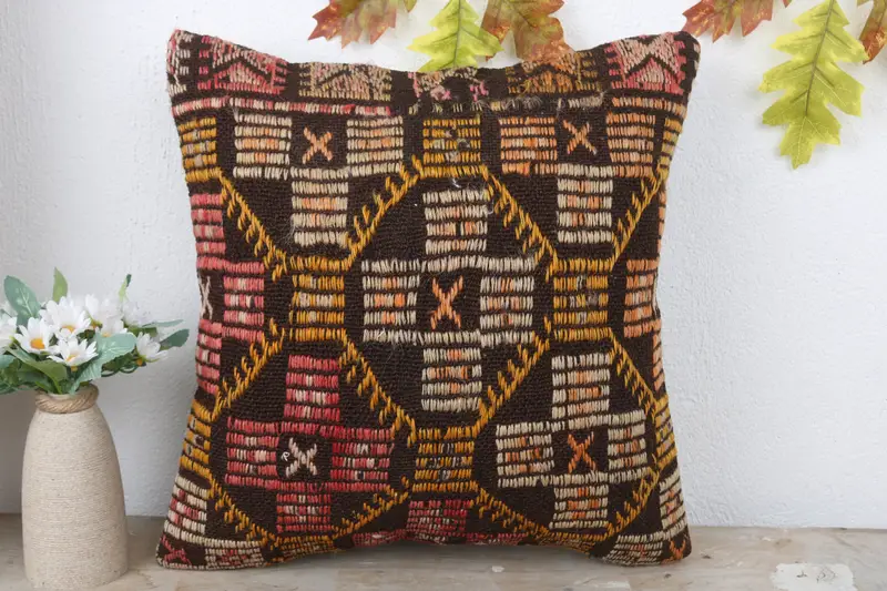 Boho Chic Cushion Case, Pillow Sham, Pet Cushion, Vintage Kilim Throw Pillow, Interior Designer Pillow, Kilim Pillow Cover, 16x16 Brown Pillow Case - 2