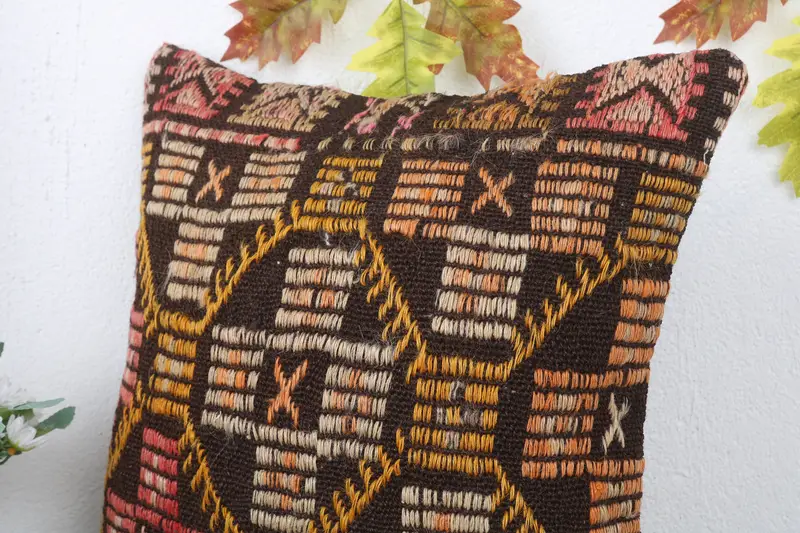 Boho Chic Cushion Case, Pillow Sham, Pet Cushion, Vintage Kilim Throw Pillow, Interior Designer Pillow, Kilim Pillow Cover, 16x16 Brown Pillow Case - 5