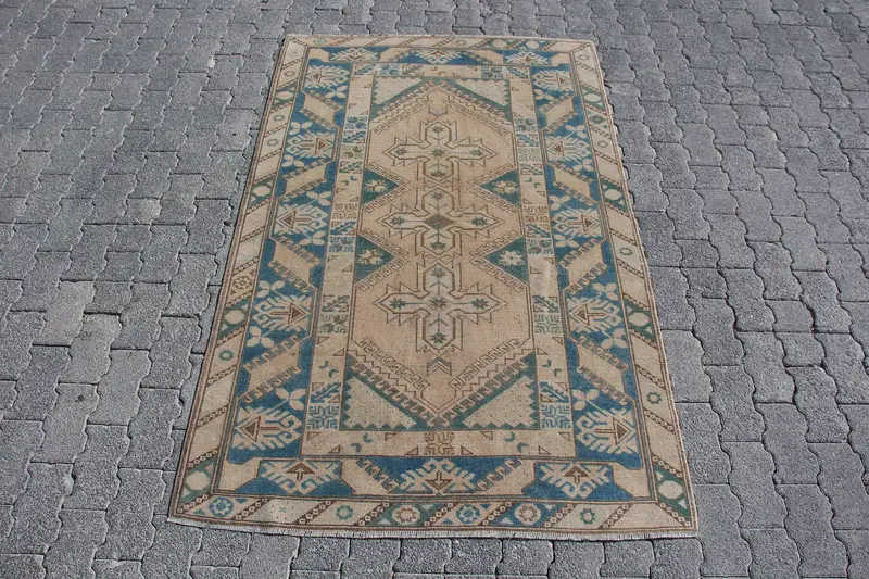 Türkischer Vintage Teppich, 3,8x6 ft Oushak Teppich, blau brauner Orientteppich - 1
