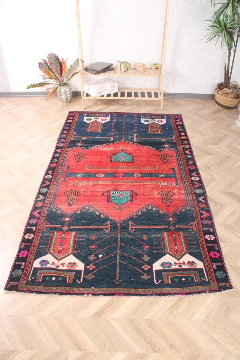 Alfombra de 4,7x8,1 pies, alfombra turca vintage de gran tamaño, alfombra de lana Oushak roja - 1