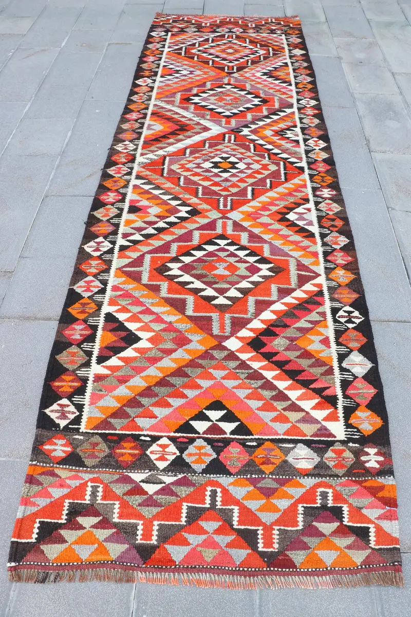 Red & Brown Rug, 3,4x11,8 ft Striped Geometric Design