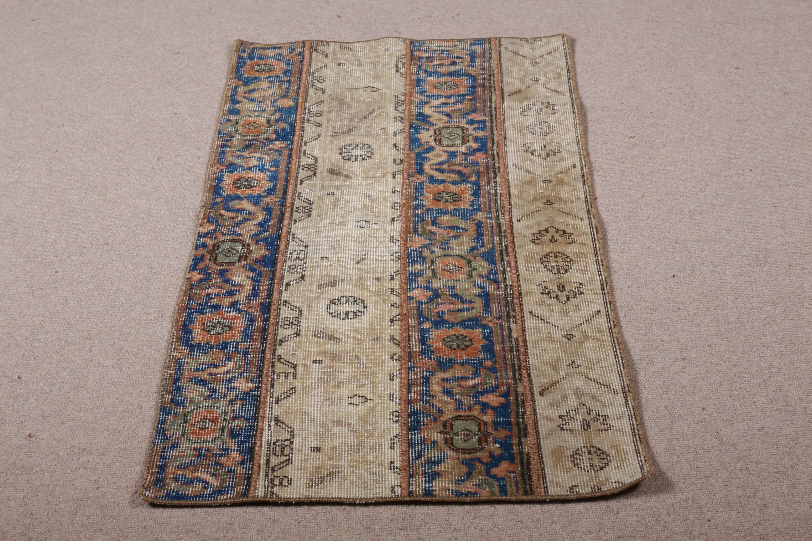 Turkish Small Rug 2.3x4.1 ft, Blue Brown Southwestern Rug Wool - 1