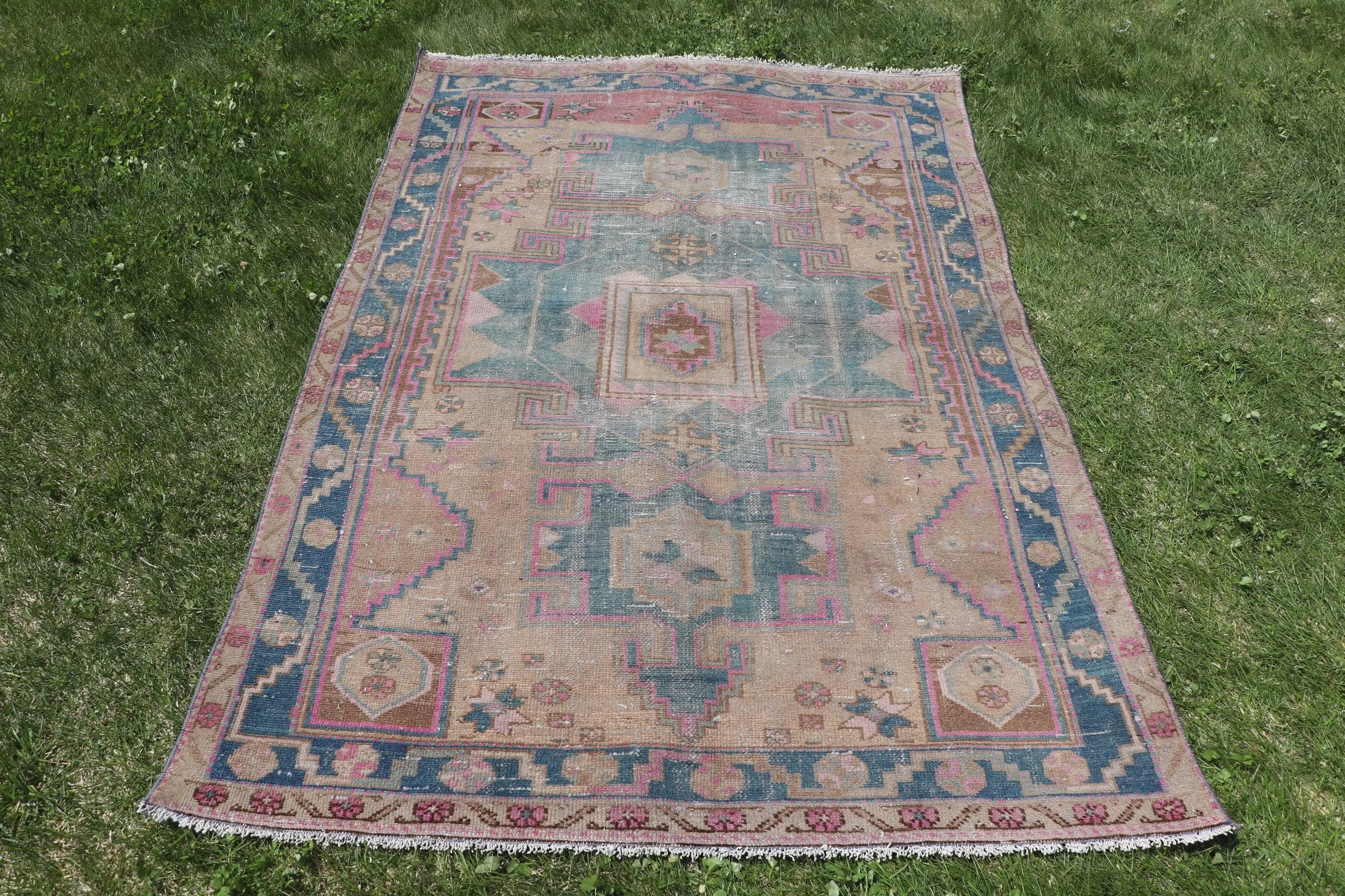 Vintage 4.2x6.2 ft Rug, Area Turkish Rug, Blue Striped Wool Rug - 1