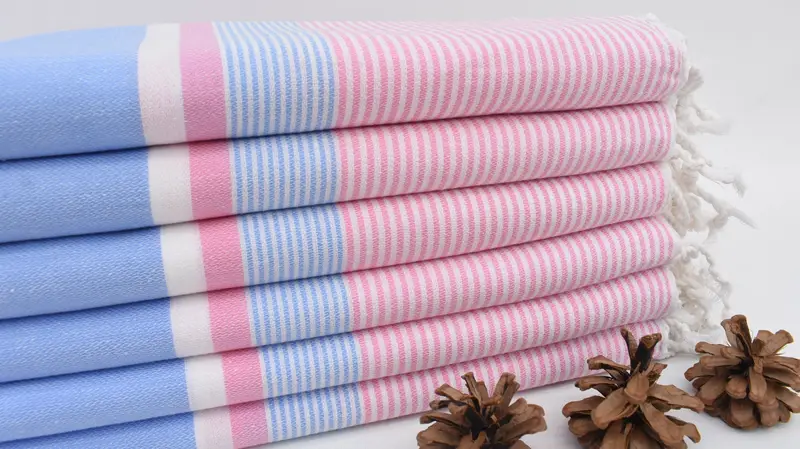 Pink-Blue Striped Turkish Organic Cotton Towel, 67x40 Inches