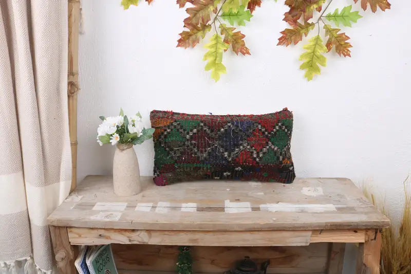Meditation Pillow Case, Turkish Pillow, 8x16 Red Cushion Cover, Ethnical Kilim Rug Pillow, Seat Cushion Cover, Pillow for Sofa, Pillow Case - 1