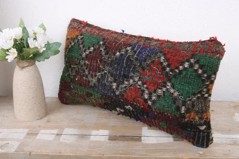 Meditation Pillow Case, Turkish Pillow, 8x16 Red Cushion Cover, Ethnical Kilim Rug Pillow, Seat Cushion Cover, Pillow for Sofa, Pillow Case - 4
