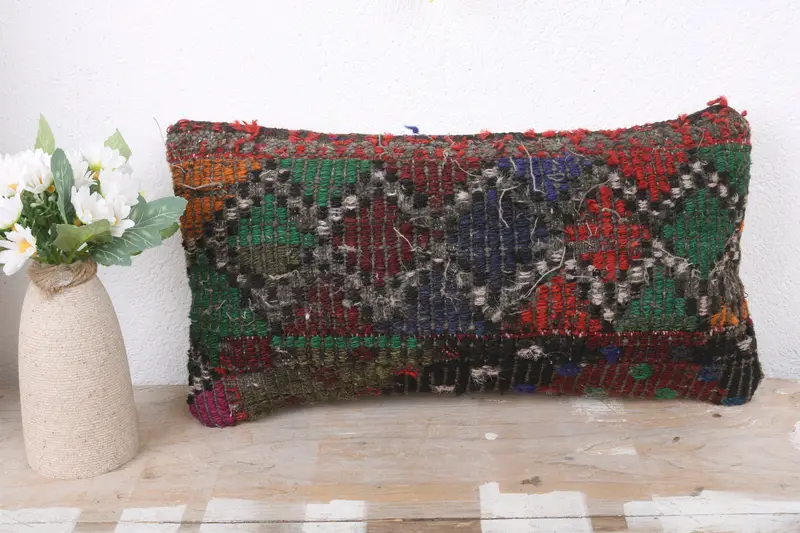 Meditation Pillow Case, Turkish Pillow, 8x16 Red Cushion Cover, Ethnical Kilim Rug Pillow, Seat Cushion Cover, Pillow for Sofa, Pillow Case - 2