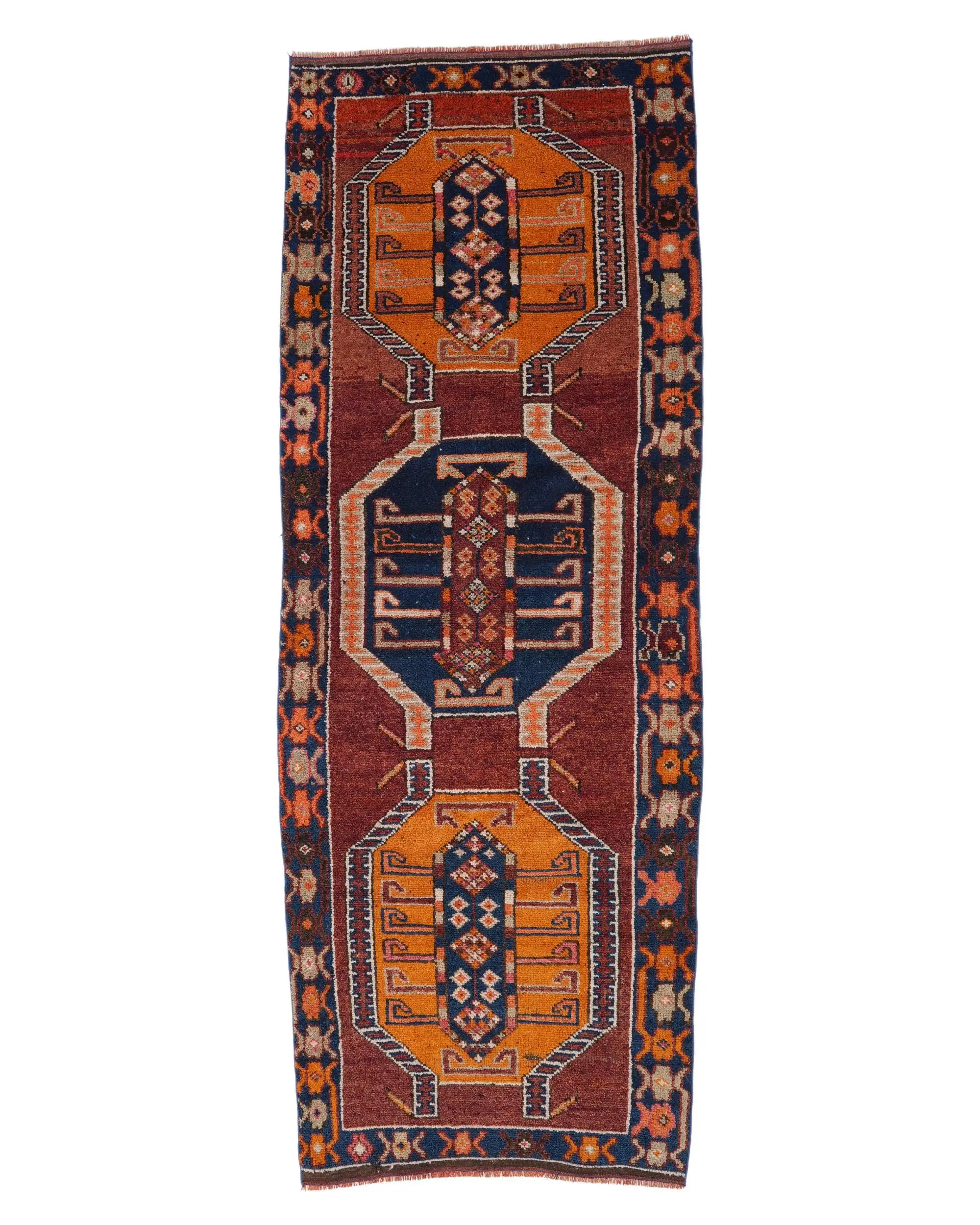 Blue Oriental Rug, 3.7x10.6 ft with Orange Accents - 1