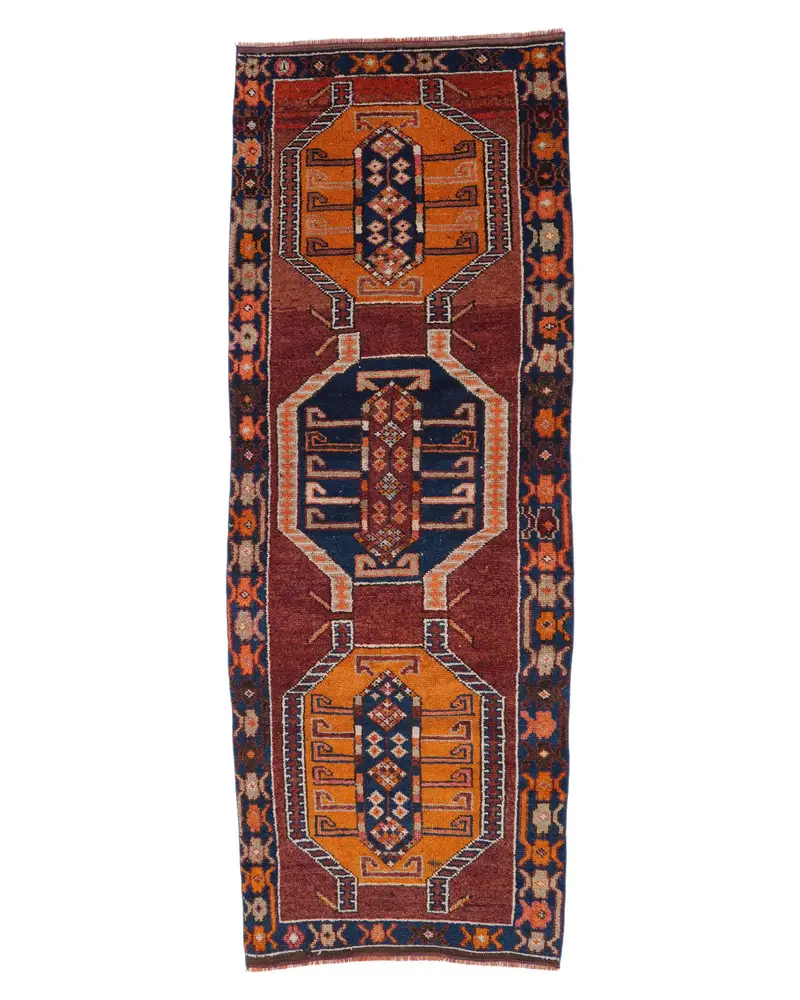 ブルー オリエンタル ラグ、3.7x10.6 フィート、オレンジのアクセント付き