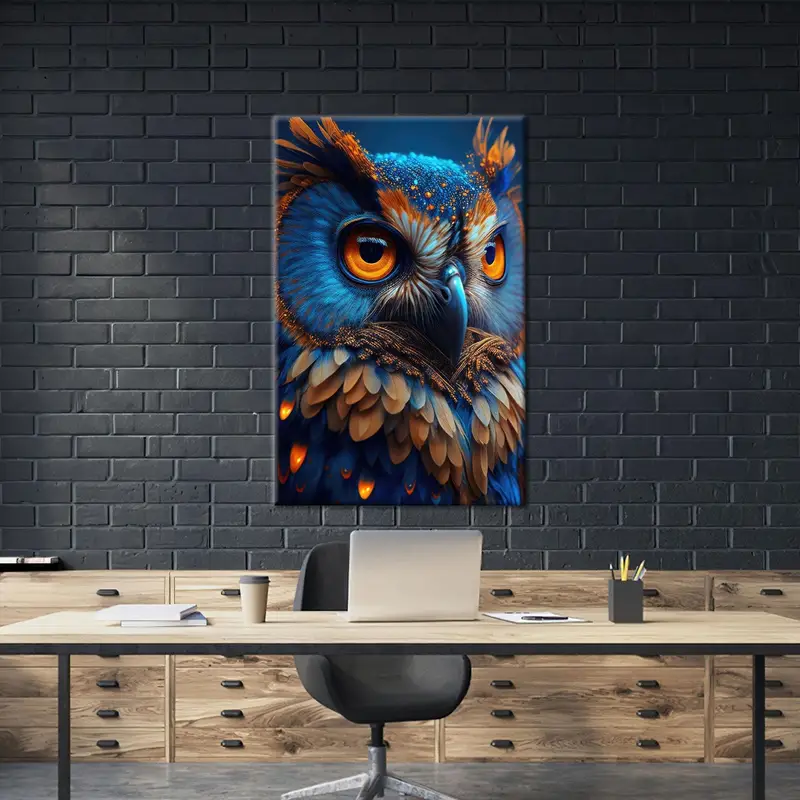 モダンな青いフクロウ愛好家へのギフト: トレンディなプリントキャンバスアート