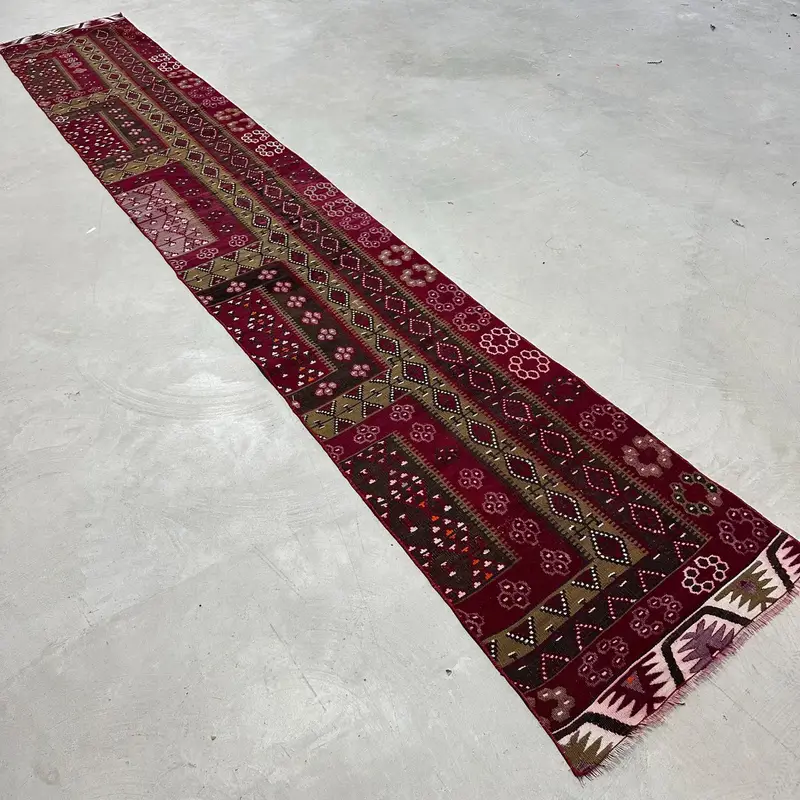 2x13.3 ft Vintage Halı, Türk Yolluk Halısı, Kırmızı Masif Yün Halı - 1