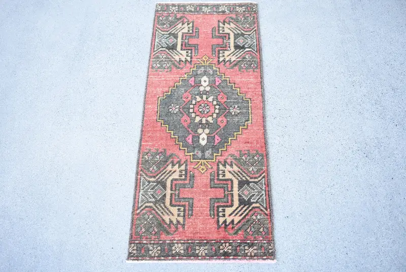 Türk 1.3x3.2 ft Halı, Oushak Vintage Halı, Kırmızı Puantiyeli Yün Halı - 1