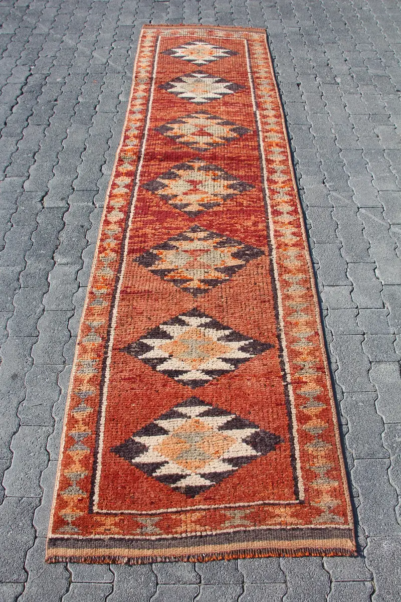 2.7x10 ft Turkish Vintage Rug, Runner Rug, Red Herki Patchwork Rug - 1