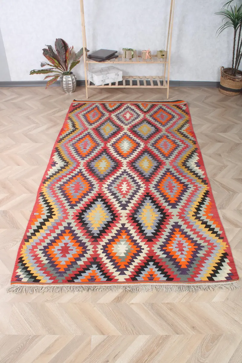 Vintage Türk Alan Halısı 4.7x8.4 ft, Kırmızı Turuncu Fas Yün Halısı - 1