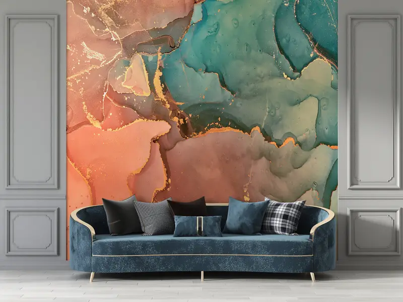 Abstract Wall Art, Paper Wall Art, Wall Paper Peel and Stick, 3d Wall Paper, Orange And Green Marble, Modern Wall Decor, - 7