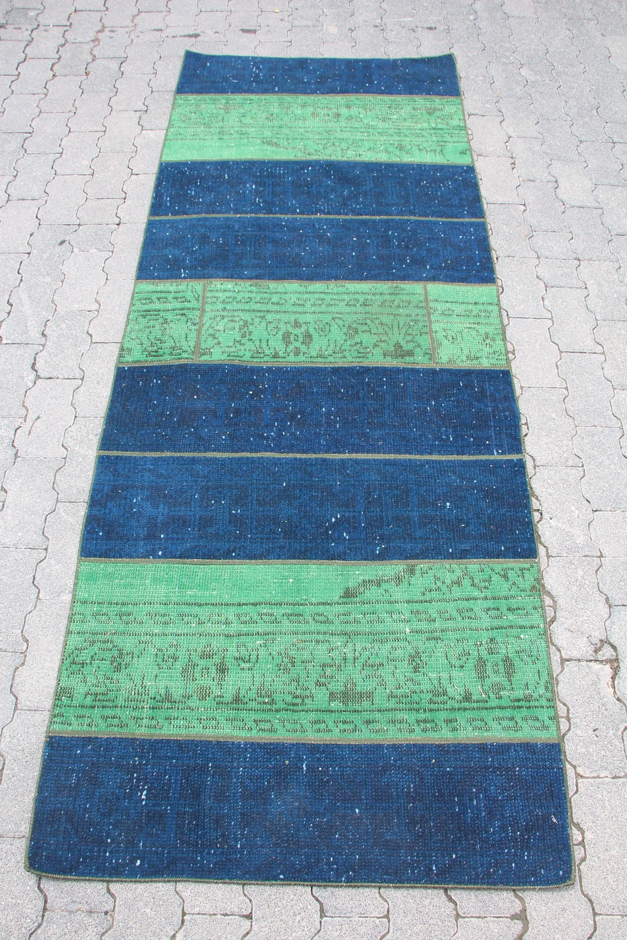 3x7.8 ft Runner Turkish Rug, Vintage Rug, Blue Green Striped Wool Rug - 1
