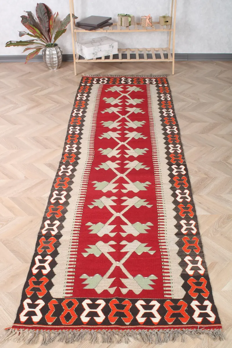3.1x9.5 ft Vintage Kilim Halı, Kırmızı Bitkiler ve ağaçlar Türk Yün Halı - 1