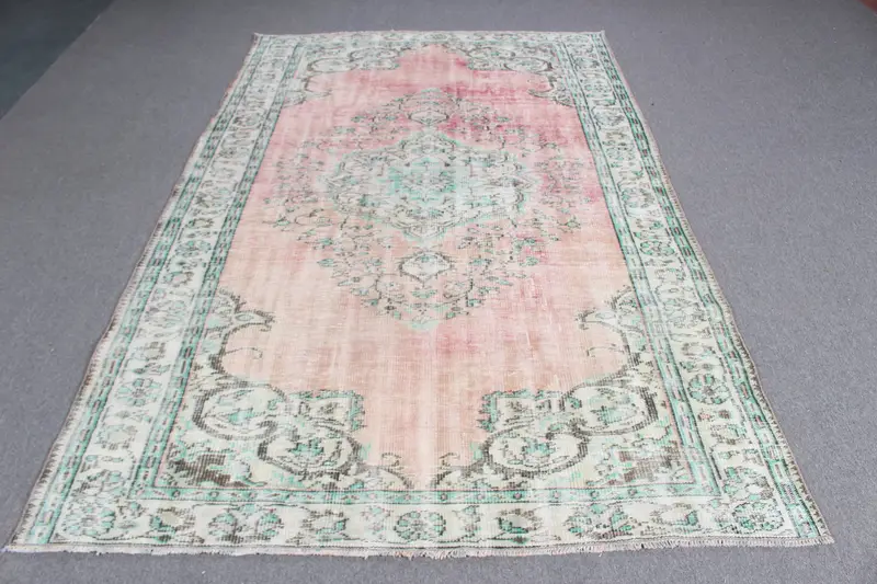 Vintage 5.3x8.5 ft Rug, Oushak Turkish Rug, Pink Plants & trees Wool Rug - 1