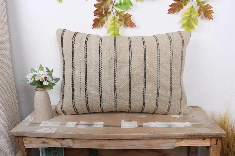Beige & Brown Striped Throw Pillow, 16x24 Inches, Handmade Cotton Cushion