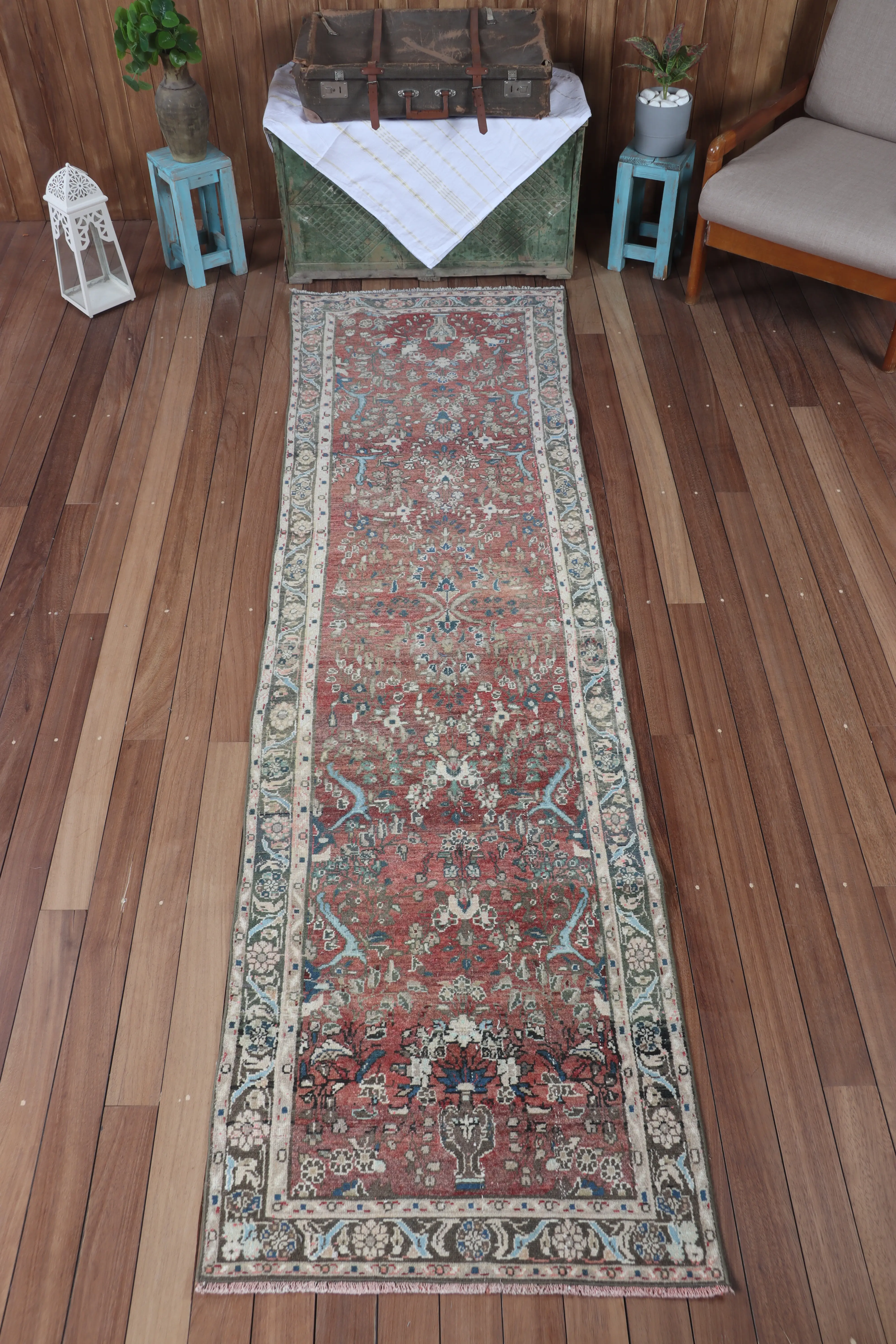 Turkish Vintage Rug, 2.6x9.6 ft Small Rug, Red Oushak Floral Rug - 1