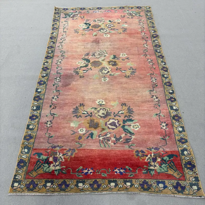 Turkish Vintage Area Rug 3.9x7.9 ft (120x240 cm), Red Polka dot Oushak Rug - 1