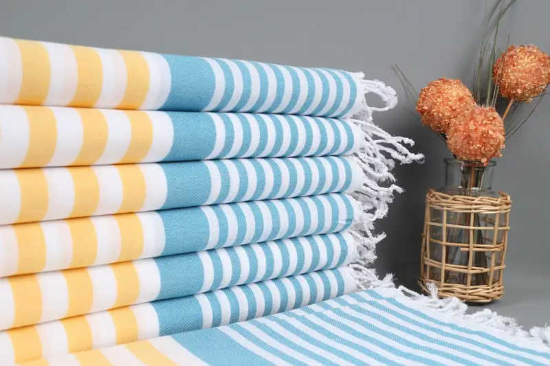 Bridesmaid Gift Turkish Beach Towel, Yellow-Petrol Blue Stripes, 36x67 Inches